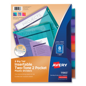 Avery Big Tab Insertable Two-Pocket Plastic Dividers, 8-Tab, 11.13 x 9.25, Assorted, 1 Set (AVE11983) View Product Image