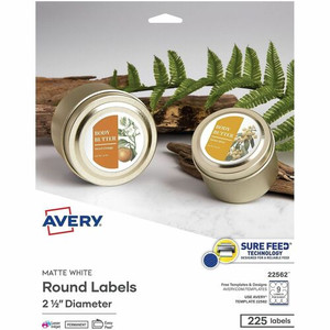 Avery Matte White Sure Feed Labels - Waterproof - x 2 1/2" Diameter - Permanent Adhesive - Round - Inkjet, Laser