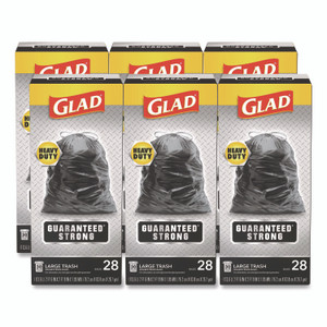 Glad Guaranteed Strong Large Drawstring Trash Bags, Three-Ply, 30 gal, 1.05 mil, 30 x 33, Black, 28 Bags/Box, 6 Boxes/Carton