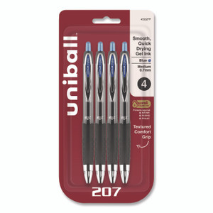 uniball Signo 207 Gel Pen, Retractable, Medium 0.7 mm, Blue Ink, Smoke/Black/Blue Barrel, 4/Pack