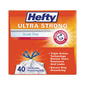 Hefty Extra Heavy-Duty Ultra Strong Tall Kitchen Trash Bags, Drawstring, 13 gal, 23.75" x 24.88", White, 40 Bags/Box, 6 Boxes/CT