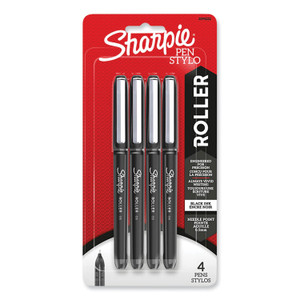 Sharpie Roller Professional Design Rollerball Pen, Stick, Fine 0.5 mm, Black Ink, Black Barrel, 4/Pack