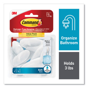 Command Medium Bath Hooks Value Pack, Plastic, White, 3 lb Capacity, 6 Hooks and 6 Strips (MMMBATH186ES) View Product Image