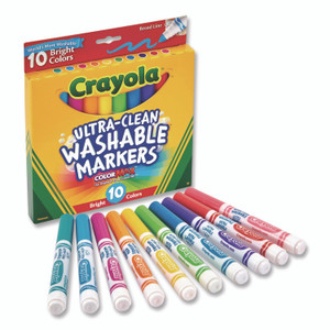 Crayola Ultra-Clean Washable Markers, Broad Bullet Tip, Assorted Bright Colors, 10/Pack
