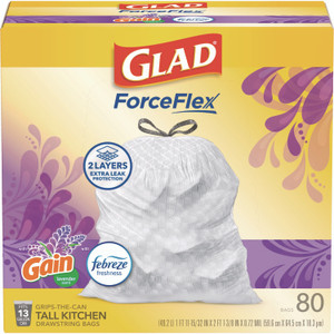 Glad ForceFlex Kitchen Drawstring Trash Bags, 13 gal, Gain Lavender with Febreze Freshness, 24 x 27.38, White, 80/Box