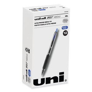 uniball Signo 207 Needle Point Gel Pen, Retractable, Medium 0.7 mm, Blue Ink, Clear/Black/Blue Barrel, Dozen