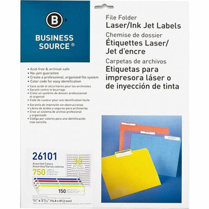 Business Source Laser/Inkjet File Folder Labels - 21/32" Width x 3 7/16" Length - Permanent Adhesive - Rectangle - Laser, Inkjet - Assorted