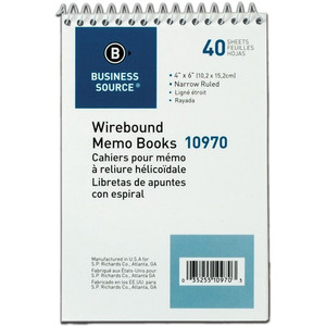 Business Source Wirebound Memo Books - 40 Sheet(s) - Wire Bound - 4" x 6" Sheet Size - White - White Sheet(s)