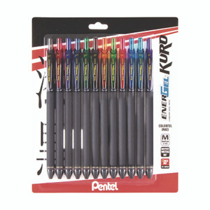 Pentel EnerGel Kuro Gel Pen, Retractable, Medium 0.7 mm, Assorted Ink Colors, Black Barrel, 12/Pack
