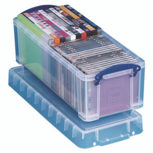 Really Useful Box Snap-Lid CD/DVD Storage Bin, 1.72 gal, 7.13" x 17.25" x 6.25", Clear/Blue