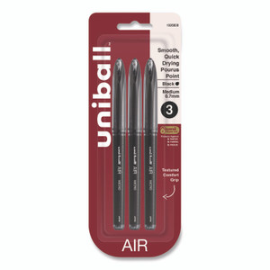 uniball AIR Porous Gel Pen, Stick, Medium 0.7 mm, Black Ink, Black Barrel, 3/Pack