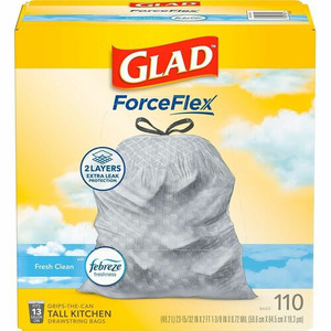 Glad ForceFlex Tall Kitchen Drawstring Trash Bags - Fresh Clean with Febreze Freshness - 13 gal Capacity - 25.38" Length x 23.75" Width x 0.72 mil (18 Micron) Thickness - Drawstring Closure - White