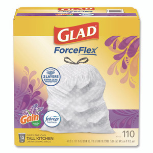 Glad ForceFlex Tall Kitchen Drawstring Trash Bags, 13 gal, Gain Lavender with Febreze Freshness, 10.18 x 9.81, White, 110/Box