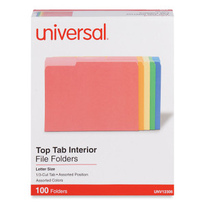 Universal Interior File Folders, 1/3-Cut Tabs: Assorted, Letter Size, 11-pt Stock, Assorted Colors, 100/Box (UNV12306) View Product Image