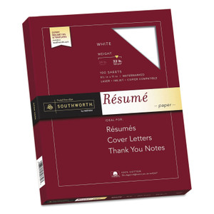Southworth 100% Cotton Resume Paper, 95 Bright, 32 lb Bond Weight, 8.5 x 11, White, 100/Pack