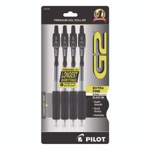 Pilot G2 Premium Gel Pen, Retractable, Extra-Fine 0.5 mm, Black Ink, Smoke/Black Barrel, 4/Pack