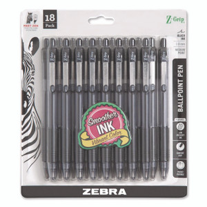 Zebra Z-Grip Ballpoint Pen, Retractable, Medium 1 mm, Black Ink, Clear/Black Barrel, 18/Pack