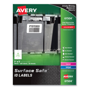 Avery Surface Safe ID Labels, 3 x 5, White, 4/Sheet, 50 Sheets/Box (AVE61504) Product Image 