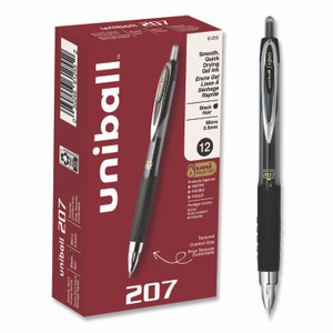 uniball Signo 207 Gel Pen, Retractable, Fine 0.5 mm, Black Ink, Smoke/Black Barrel, Dozen