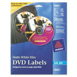 Avery Inkjet DVD Labels, Matte White, 20/Pack (AVE8962) View Product Image