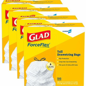Glad ForceFlex Tall Kitchen Drawstring Trash Bags - 13 gal Capacity - 27" Length x 24" Width x 9 mil (229 Micron) Thickness - Drawstring Closure - White - Plastic - (CLO78526BD)