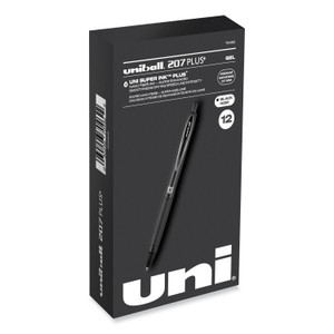 uniball 207 Plus+ Gel Pen, Retractable, Medium 0.7 mm, Black Ink, Black Barrel, Dozen (UBC70462) View Product Image