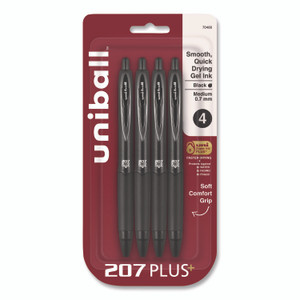 uniball 207 Plus+ Gel Pen, Retractable, Medium 0.7 mm, Black Ink, Black Barrel, 4/Pack