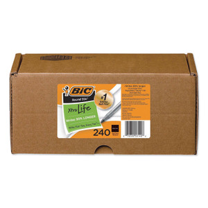BIC Round Stic Xtra Life Ballpoint Pen Xtra Value Pack, Stick, Medium 1 mm, Black Ink, Translucent Frost Barrel, 240/Carton