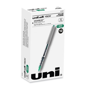 uniball VISION Rollerball Pen, Stick, Fine 0.7 mm, Green Ink, Silver/Green/Clear Barrel, Dozen