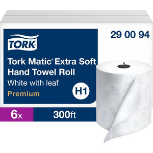 TORK Matic Extra Soft Hand Towel Roll White with Blue Leaf H1 - 2 Ply - 7.25" Roll Diameter - 1 33/64" Core - White - Virgin Pulp, Fiber
