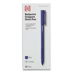 TRU RED Gripped Ballpoint Pen, Stick, Medium 1 mm, Blue Ink, Blue Barrel, Dozen