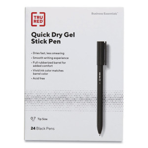 TRU RED Quick Dry Gel Pen, Retractable, Medium 0.7 mm, Black Ink, Black Barrel, 5/Pack