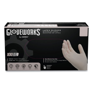 GloveWorks by AMMEX Latex Disposable Gloves, Powder-Free, 4 mil, Medium, Ivory, 100 Gloves/Box, 10 Boxes/Carton