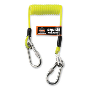 ergodyne Squids 3130S Coiled Cable Lanyard with Carabiners, 2 lb Max Working Capacity, 6.5" to 48" Long, Lime
