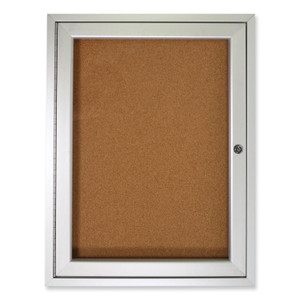 Ghent 1 Door Enclosed Natural Cork Bulletin Board with Satin Frame, 30" x 36", Tan Surface, Satin Aluminum Frame