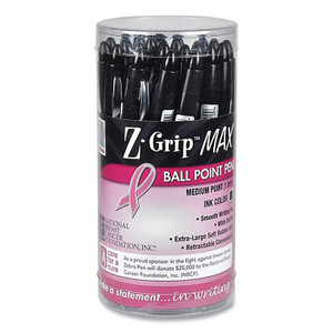 Zebra Z-Grip MAX Breast Cancer Awareness Ballpoint Pen, Retractable, Bold 1.2 mm, Black Ink, Silver/Black Barrel, 24/Pack