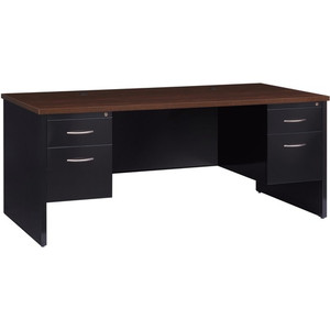 Lorell Fortress Modular Series Double-Pedestal Desk - 72" Width x 36" Depth, x 1.1" Thickness Top - 2 x Box, File Drawer(s) - Double Pedestal - Material: Steel - Finish: Walnut Laminate, Black
