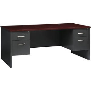Lorell Fortress Modular Series Double-Pedestal Desk - 72" Width x 36" Depth, x 1.1" Thickness Top - 2 x Box, File Drawer(s) - Double Pedestal - Material: Steel - Finish: Mahogany Laminate, Charcoal