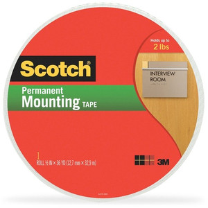 Scotch Double-Coated Foam Mounting Tape - 36 yd Length x 0.50" Width x 62.5 mil Thickness - 1" Core - White - MMM401612