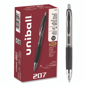 uniball Signo 207 Gel Pen, Retractable, Medium 0.7 mm, Black Ink, Smoke/Black Barrel, Dozen