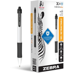 Zebra SARASA dry X20+ Gel Retractable RDI - 0.7 mm Medium Conical Pen Point - Retractable - Black Ink - Gel-based - White Plastic Barrel