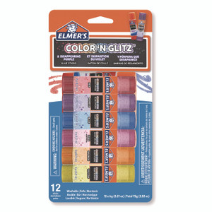 Elmer's Glitter Glue Sticks, Applies Assorted Colors, 0.21 oz, Dries Clear Glitter, 12/Pack