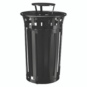 Global Industrial Outdoor Slatted Steel Trash Can, With Access Door and Rain Bonnet Lid, 36 gal, Black