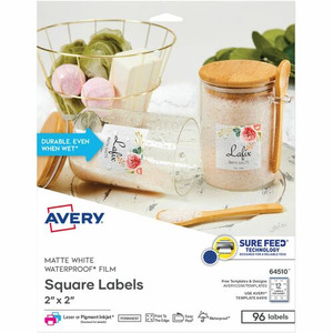 Avery Durable Waterproof Labels, 2" x 2" Square, 96 Total - Waterproof - x 2" Width x 2" Length - Full Sheet - Permanent Adhesive - Square