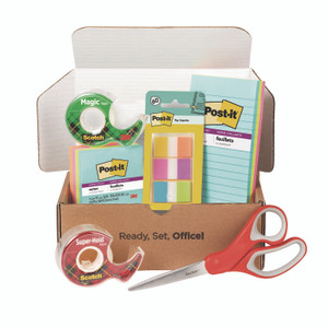 Scotch Office Essentials Kit, 7 Pads Assorted Super Sticky Notes, 1 Pack Flags, Roll Magic Tape, Roll Super-Hold Tape, 1 Scissors
