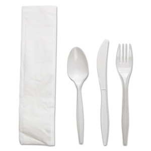 Boardwalk Four-Piece Cutlery Kit, Mediumweight, Fork/Knife/Napkin/Spoon, Plastic, White, 250/Carton
