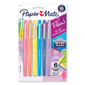 Paper Mate Flair Felt Tip Porous Point Pen with Retro Accents, Stick, Medium 0.7 mm, Assorted Ink and Barrel Colors, 6/Pack