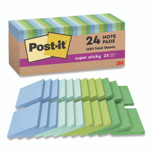 Post-it Notes Super Sticky 100% Recycled Paper Super Sticky Notes, 3" x 3", Oasis, 70 Sheets/Pad, 24 Pads/Pack