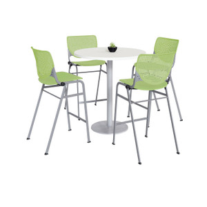 KFI Studios Pedestal Bistro Table with Four Lime Green Kool Series Barstools, Round, 36" Dia x 41h, Designer White