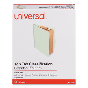 Universal Six-Section Classification Folders, Heavy-Duty Pressboard Cover, 2 Dividers, 6 Fasteners, Letter Size, Light Green, 20/Box